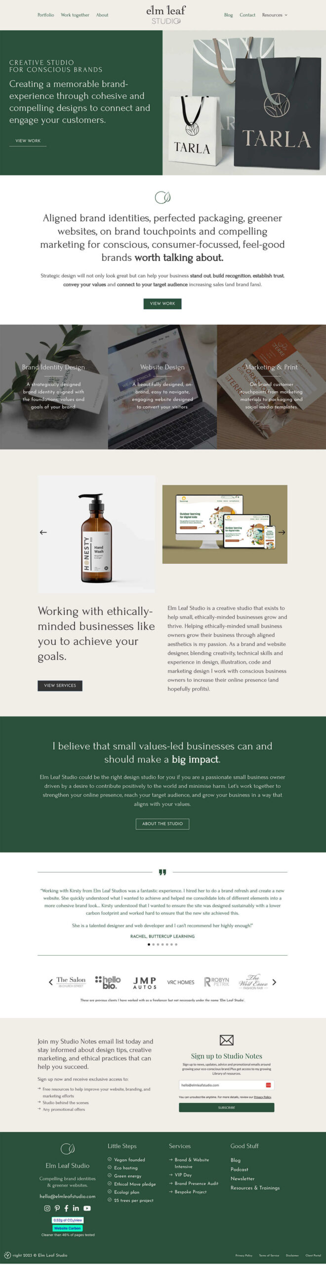screenshot of Elm Leaf Studio homepage design - after rebuild and redesign