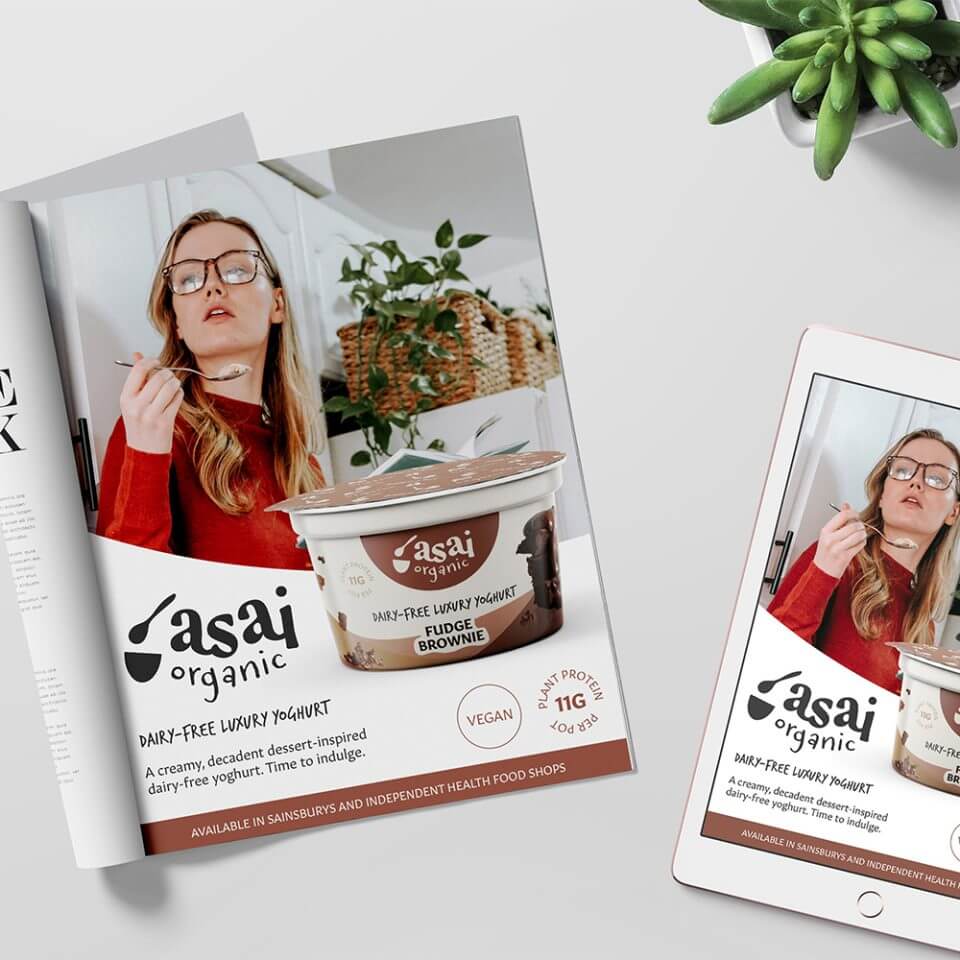 yoghurt brand packaging design and magazine advert mockup