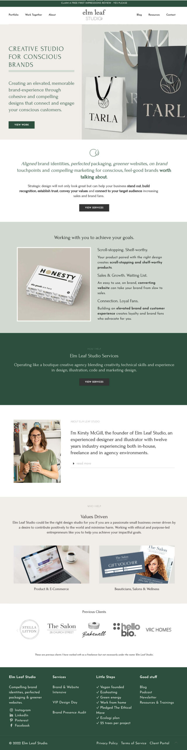 screenshot of Elm Leaf Studio homepage design - before redesign
