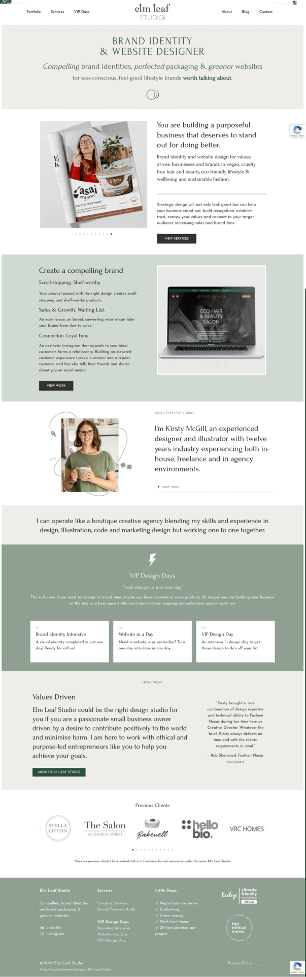 screenshot of Elm Leaf Studio homepage design - early version